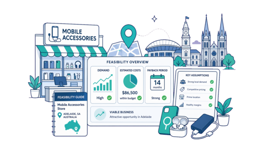 Mobile Accessories Store planning illustration for Adelaide with a map pin and feasibility dashboard