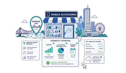 Mobile Accessories Store planning illustration for Brisbane with a map pin and feasibility dashboard