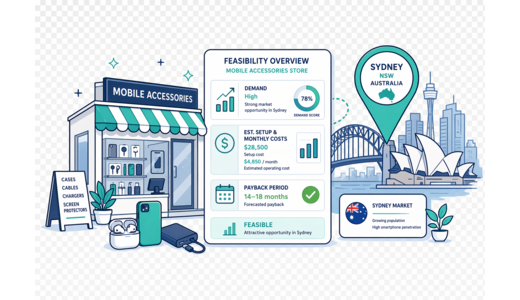 Mobile Accessories Store planning illustration for Sydney with a map pin and feasibility dashboard