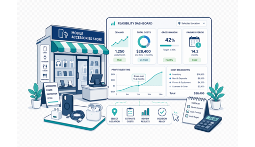 Mobile Accessories Store guide overview with feasibility dashboard