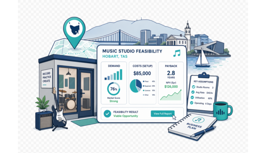 Music Studio / Practice Rooms planning illustration for Hobart with a map pin and feasibility dashboard