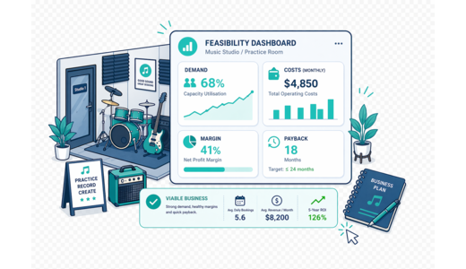 Music Studio / Practice Rooms guide overview with feasibility dashboard