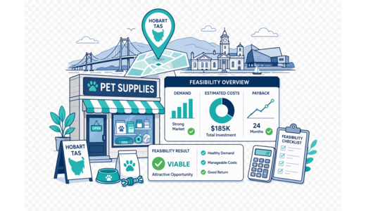 Pet Supplies Store planning illustration for Hobart with a map pin and feasibility dashboard