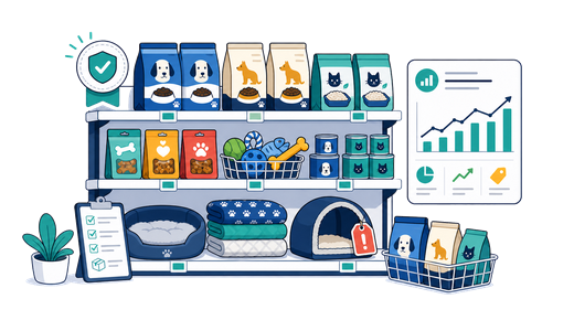 Pet store shelves with food, litter, toys and a margin card while a customer gets advice