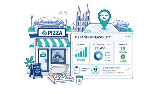 Pizza Shop planning illustration for Adelaide with a map pin and feasibility dashboard
