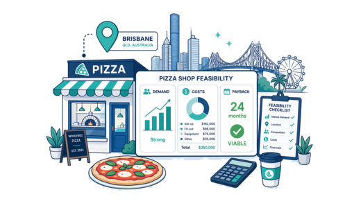 Pizza Shop planning illustration for Brisbane with a map pin and feasibility dashboard