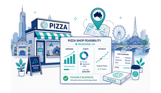 Pizza Shop planning illustration for Melbourne with a map pin and feasibility dashboard