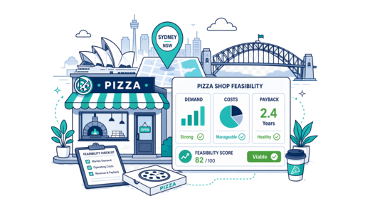 Pizza Shop planning illustration for Sydney with a map pin and feasibility dashboard