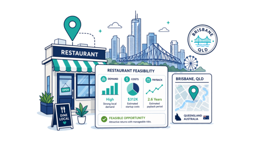 Restaurant planning illustration for Brisbane with a map pin and feasibility dashboard