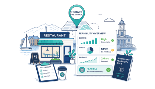 Restaurant planning illustration for Hobart with a map pin and feasibility dashboard