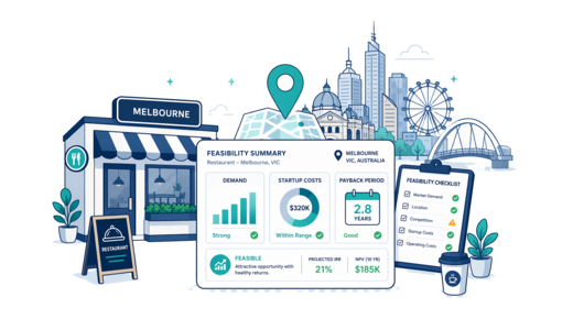 Restaurant planning illustration for Melbourne with a map pin and feasibility dashboard