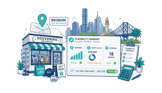 Souvenir / Gift Shop planning illustration for Brisbane with a map pin and feasibility dashboard