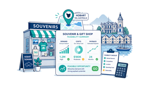 Souvenir / Gift Shop planning illustration for Hobart with a map pin and feasibility dashboard