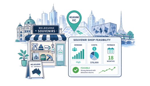 Souvenir / Gift Shop planning illustration for Melbourne with a map pin and feasibility dashboard