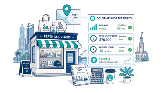 Souvenir / Gift Shop planning illustration for Perth with a map pin and feasibility dashboard