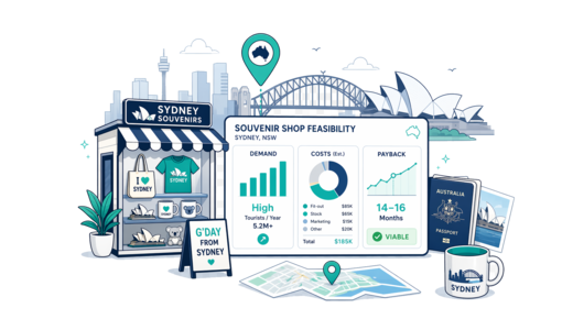 Souvenir / Gift Shop planning illustration for Sydney with a map pin and feasibility dashboard
