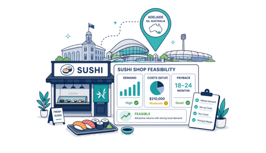 Sushi Shop planning illustration for Adelaide with a map pin and feasibility dashboard