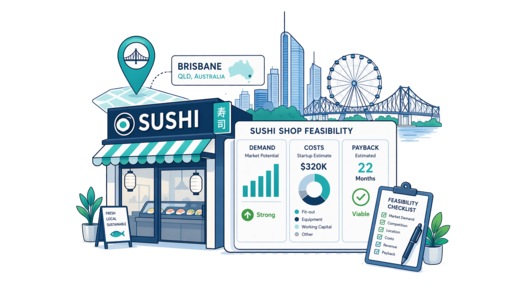 Sushi Shop planning illustration for Brisbane with a map pin and feasibility dashboard