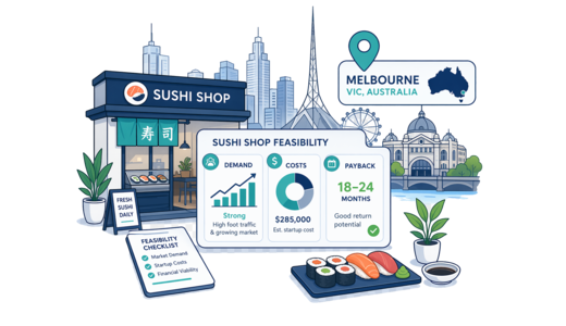 Sushi Shop planning illustration for Melbourne with a map pin and feasibility dashboard