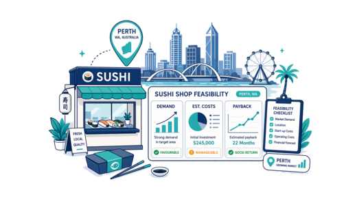 Sushi Shop planning illustration for Perth with a map pin and feasibility dashboard