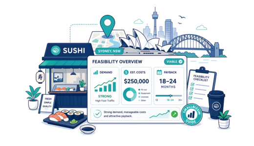 Sushi Shop planning illustration for Sydney with a map pin and feasibility dashboard