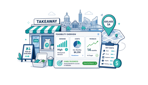 Takeaway / Delivery planning illustration for Adelaide with a map pin and feasibility dashboard