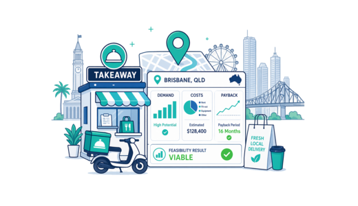 Takeaway / Delivery planning illustration for Brisbane with a map pin and feasibility dashboard