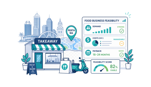 Takeaway / Delivery planning illustration for Perth with a map pin and feasibility dashboard