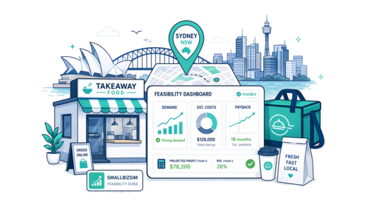 Takeaway / Delivery planning illustration for Sydney with a map pin and feasibility dashboard