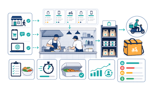 A takeaway order engine showing walk-in, online and delivery app orders moving through kitchen prep to pickup